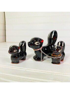 Vintage Japanese Skunk Family Redware Pottery Figurines